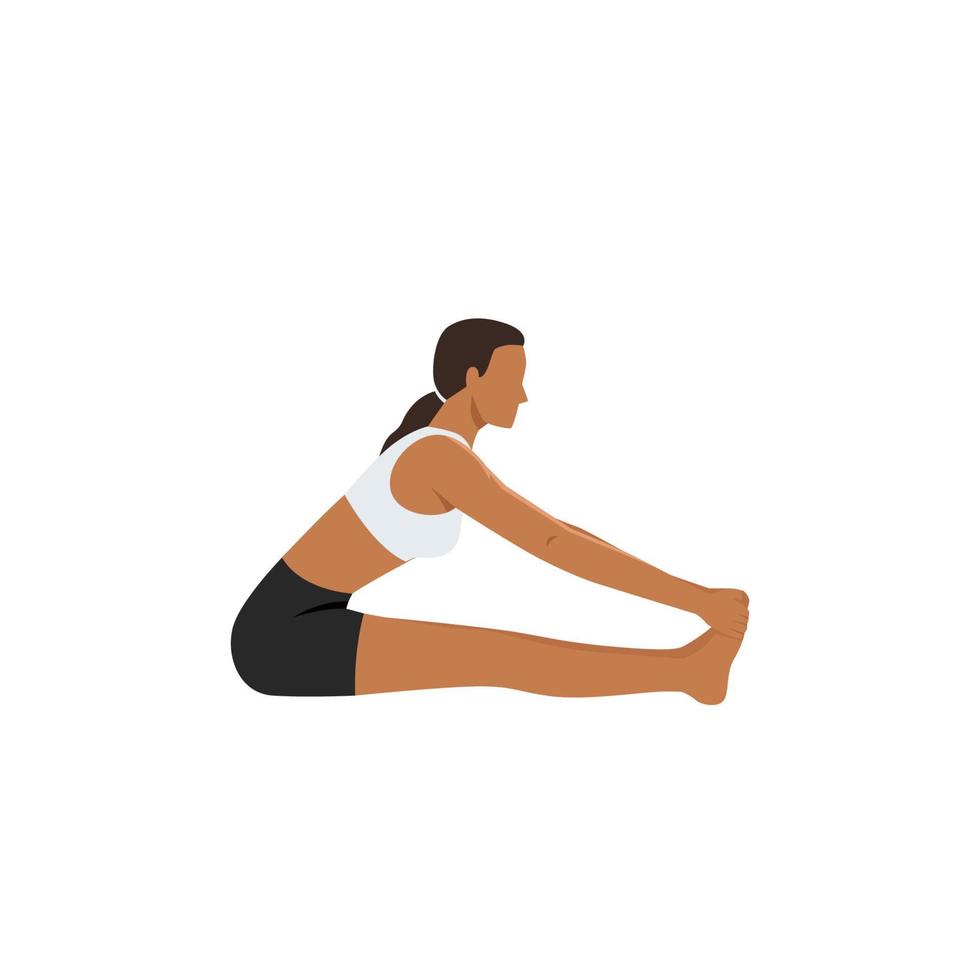 mujer haciendo pose de la mano del personal al dedo gordo del pie i. practicar padangustha dandasana i. ilustración vectorial plana aislada sobre fondo blanco vector