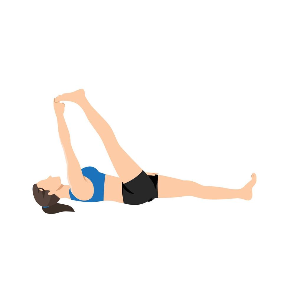 Woman doing Reclining Hand to big Toe Pose. Practice Supta Padangusthasana . Flat vector illustration isolated on white background