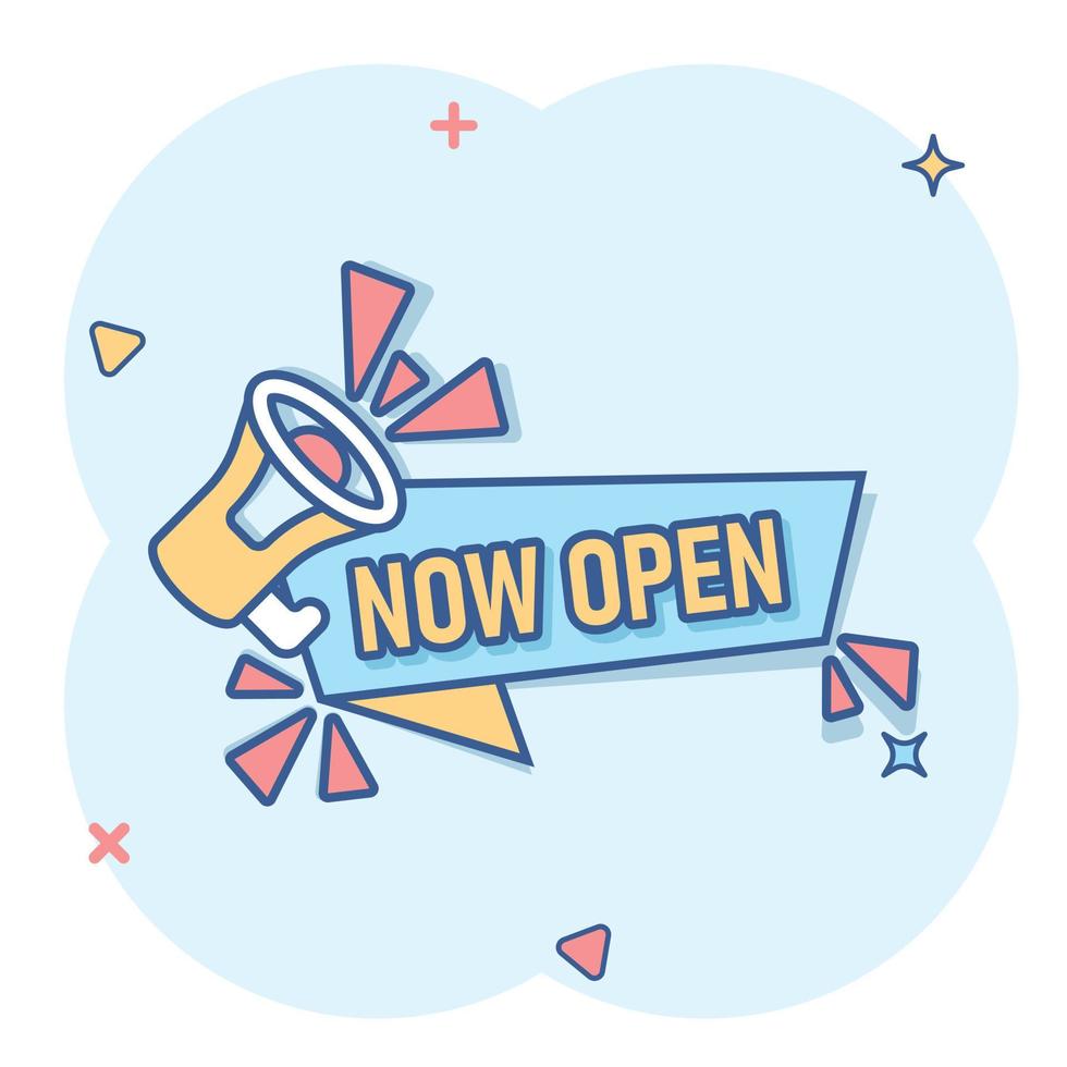 Now open notice icon in comic style. Schedule label with megaphone cartoon vector illustration on white isolated background. Come bullhorn sign business concept splash effect.