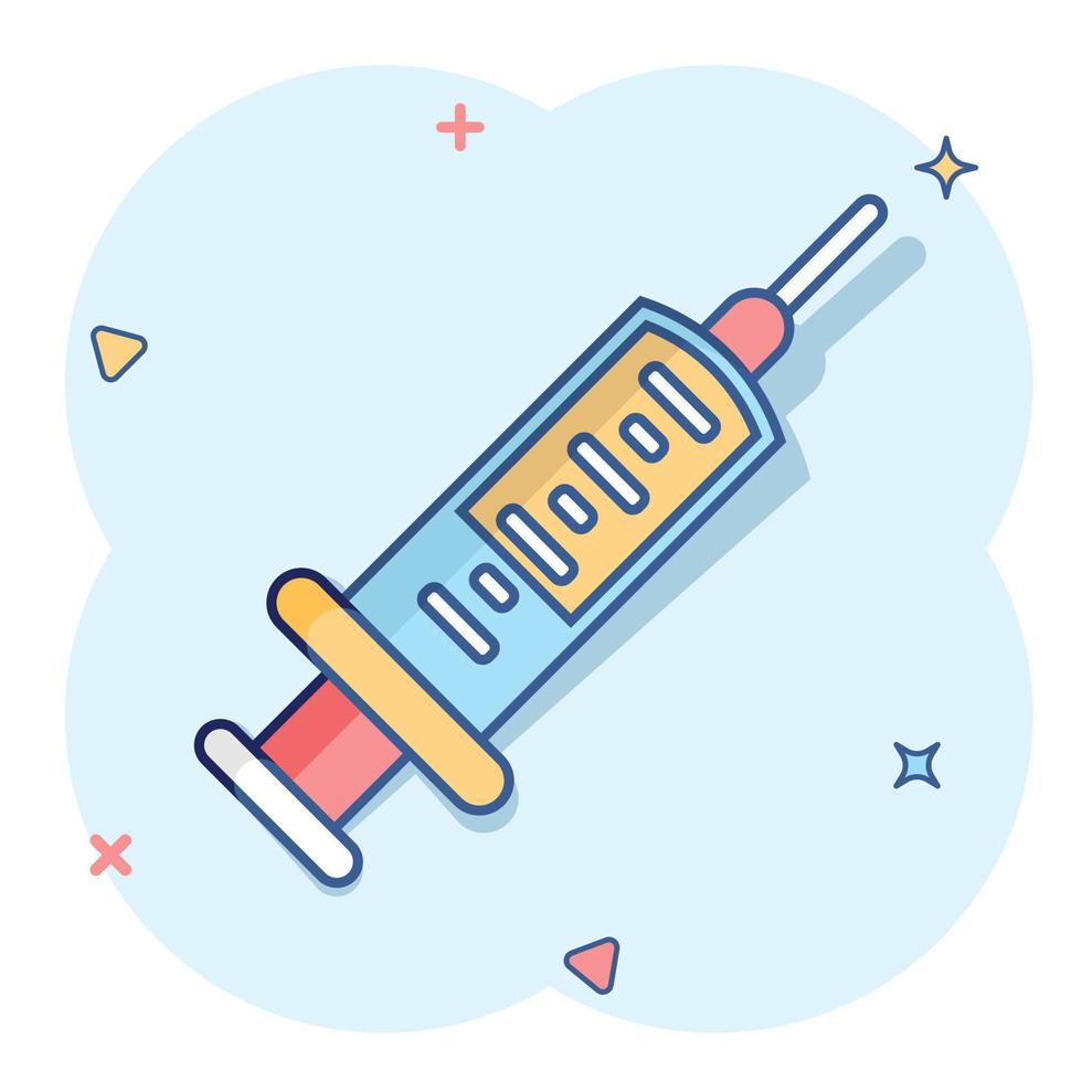 Syringe icon in comic style. Coronavirus vaccine inject cartoon vector illustration on isolated background. Covid-19 vaccination splash effect sign business concept.