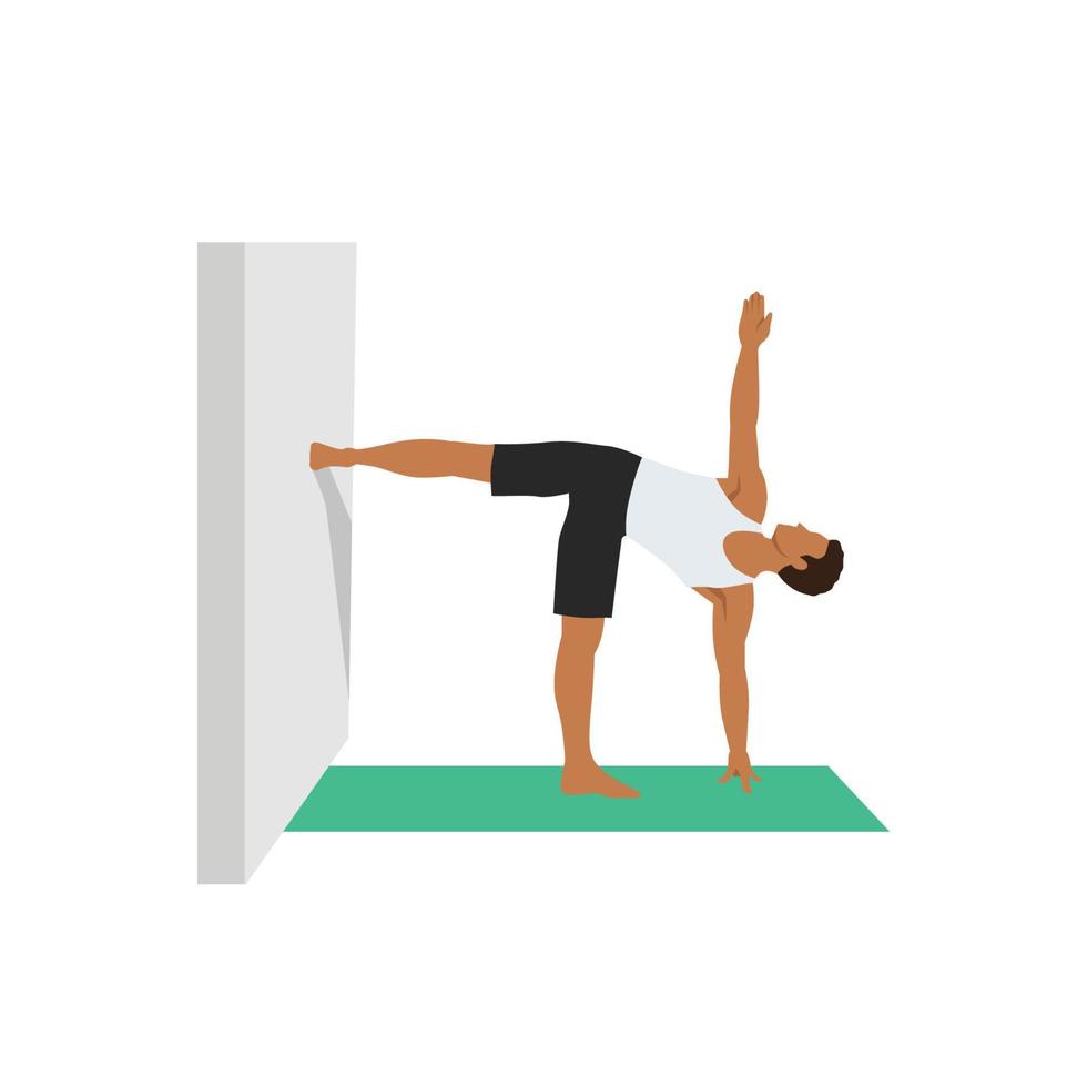 Man doing Parivrtta Ardha Chandrasana. Revolved Half Moon Pose. Flat vector illustration isolated on white background