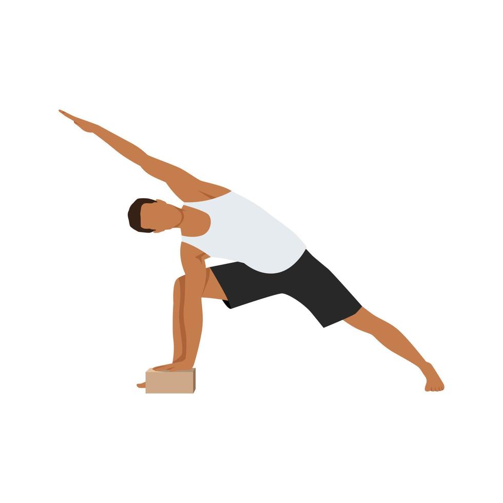 hombre haciendo ejercicio de posición de ángulo lateral extendido utthita parsvakonasana. ilustración vectorial plana aislada sobre fondo blanco vector