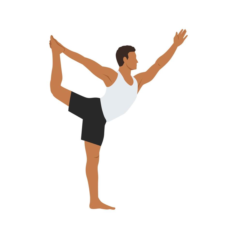 hombre haciendo pose de bailarina, pose de bailarina rey, pose de señor de la danza, pose de bailarina. practicar utthita ardha dhanurasana. ilustración vectorial plana aislada sobre fondo blanco vector