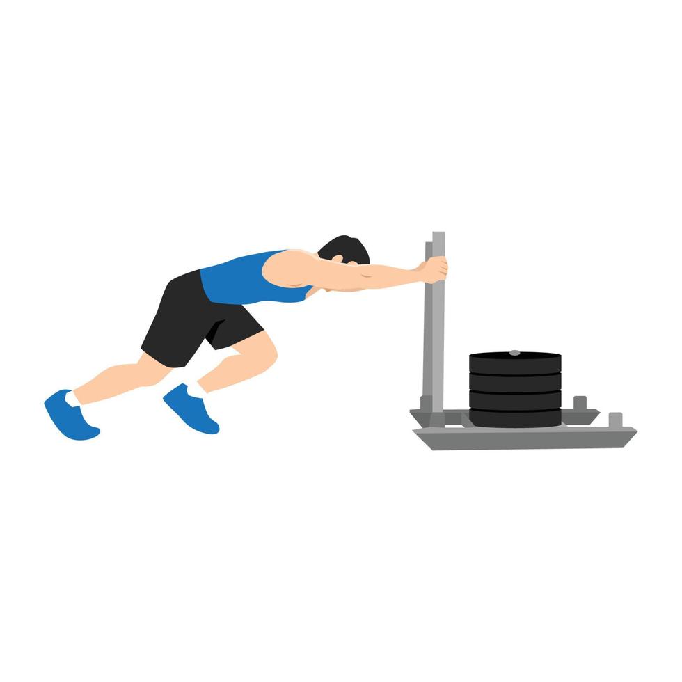 Man doing sled pushed exercise. Flat vector illustration isolated on white background