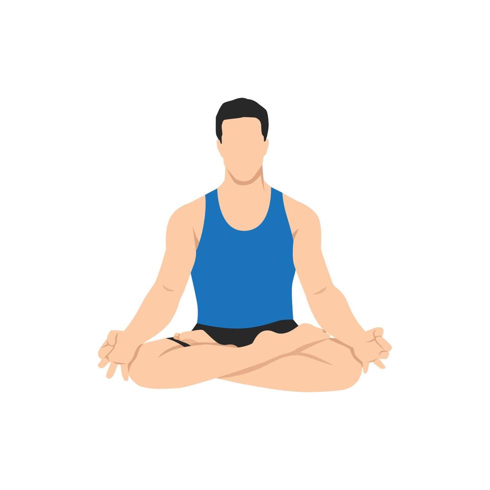 hombre haciendo pose de loto. el concepto de estilo de vida saludable. icono para el centro de yoga. postura de estiramiento. postura de loto relajante y tranquila. ilustración vectorial plana aislada sobre fondo blanco vector