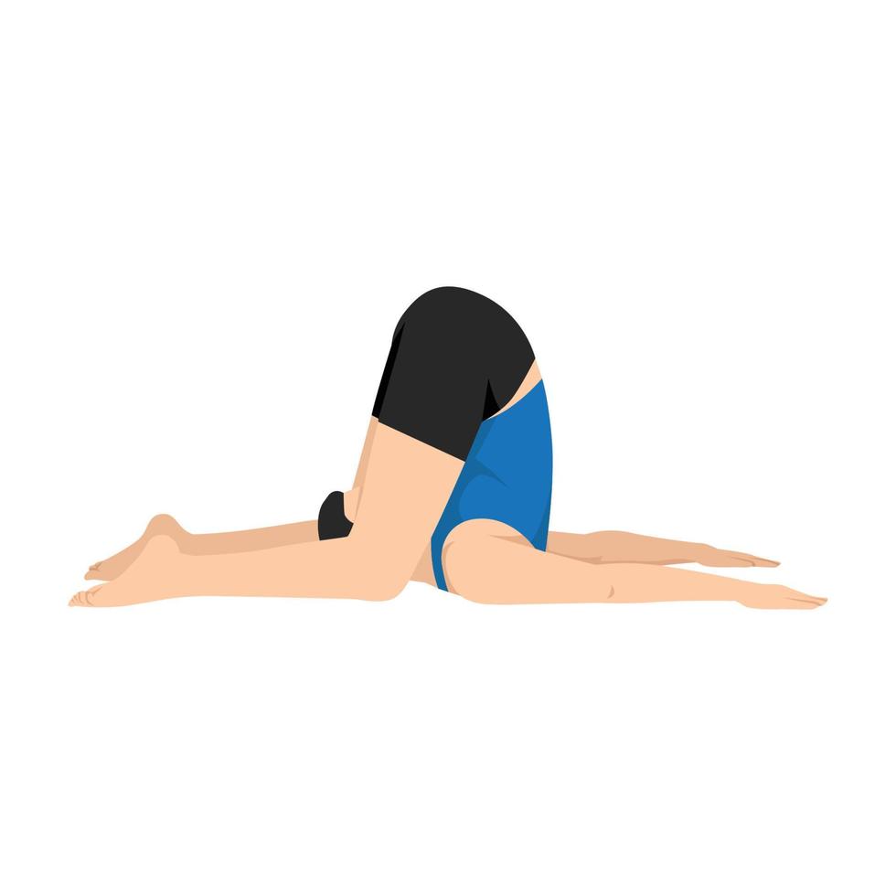 hombre haciendo pose de presión en el oído, variación de halasana de rodillas al suelo, pose de hombre sordo. practicar karnapidasana... ilustración vectorial plana aislada en fondo blanco vector