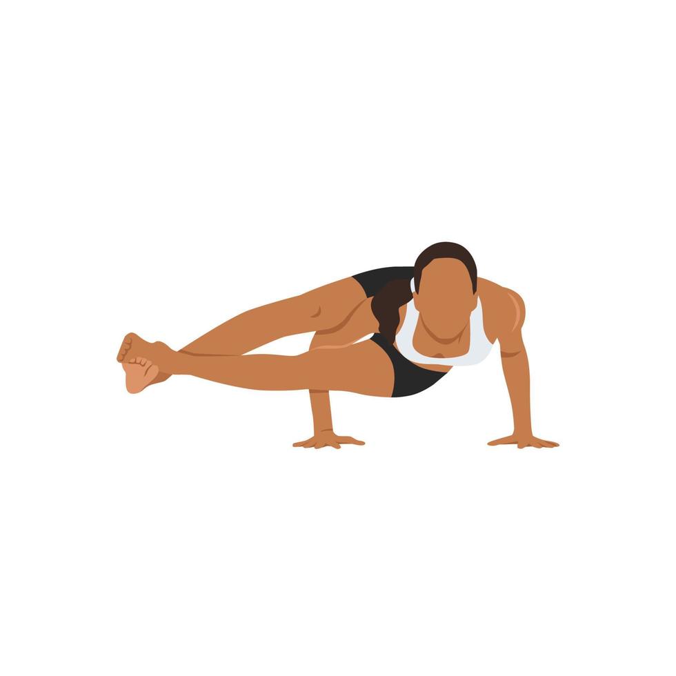 Woman practicing yoga, doing arm stand Astavakrasana, asymmetrical arm balance Eight-Angle Pose. Flat vector illustration isolated on white background
