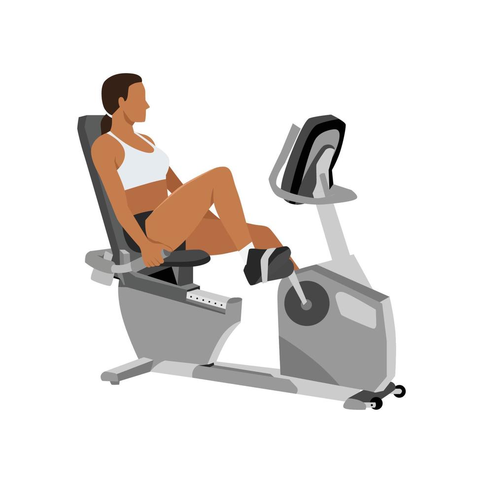 mujer haciendo ejercicio cardiovascular en bicicleta reclinada. ilustración vectorial plana aislada sobre fondo blanco vector