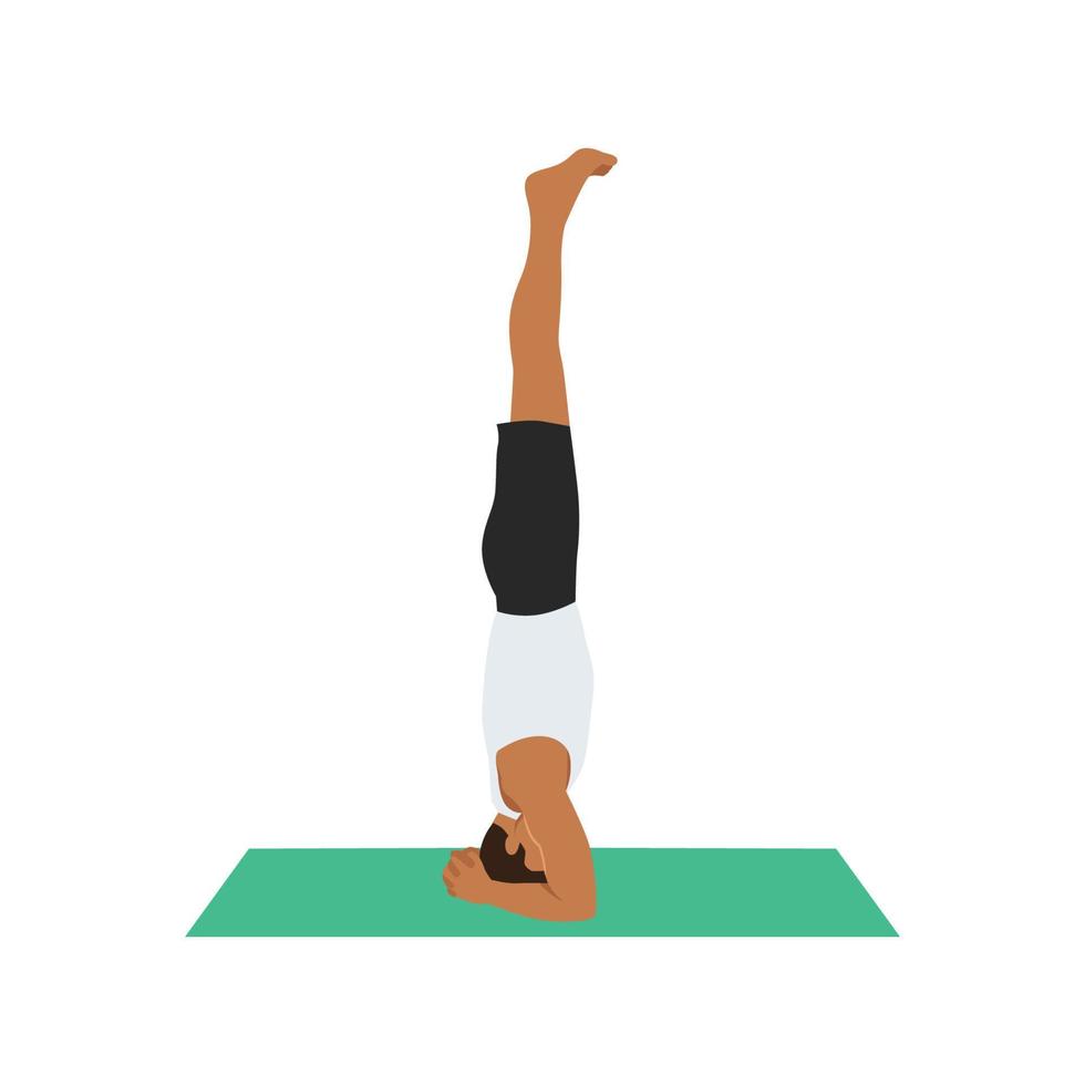 hombre practicando el concepto de yoga, de pie en el ejercicio de salamba sirsasana, pose de cabeza, haciendo ejercicio, ilustración vectorial plana aislada en el fondo blanco vector