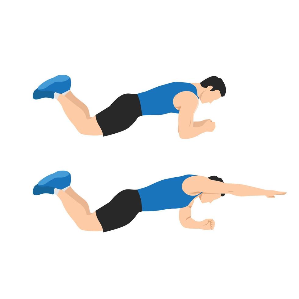 Man doing Knee plank or reach with swimmer pose exercise. Flat vector illustration isolated on white background