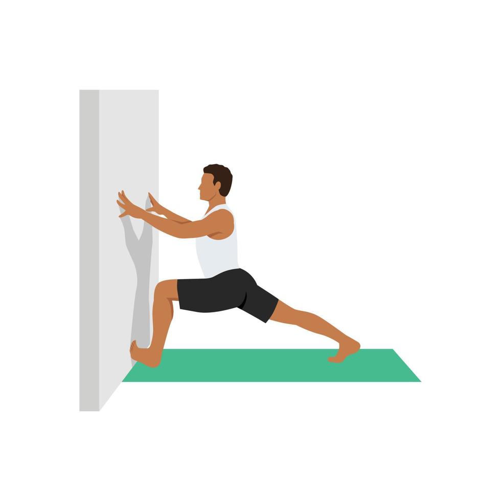 Man doing Virabhadrasana I to the wall exercise. Flat vector illustration isolated on white background