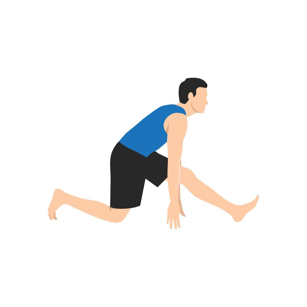 hombre haciendo yoga asana ardha hanumanasana o pose de medio mono. ilustración vectorial plana aislada sobre fondo blanco vector