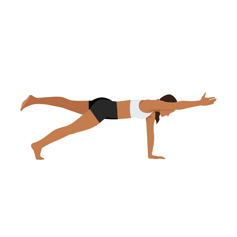 Woman doing Plank Pose One Arm Leg Lift. Beautiful girl practice Phalakasana Eka Pada Eka Hasta. Flat vector illustration isolated on white background