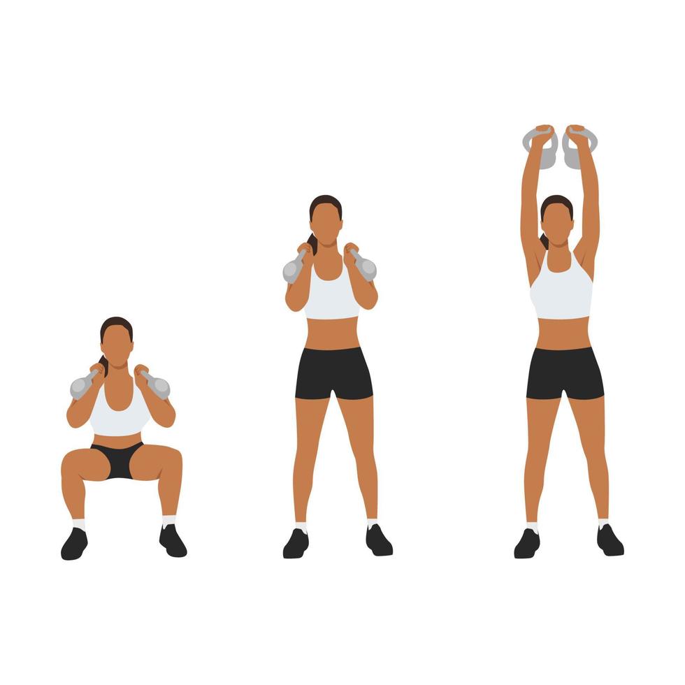 Woman doing kettlebell thruster or squat to clean to overhead press exercise. Flat vector illustration isolated on white background