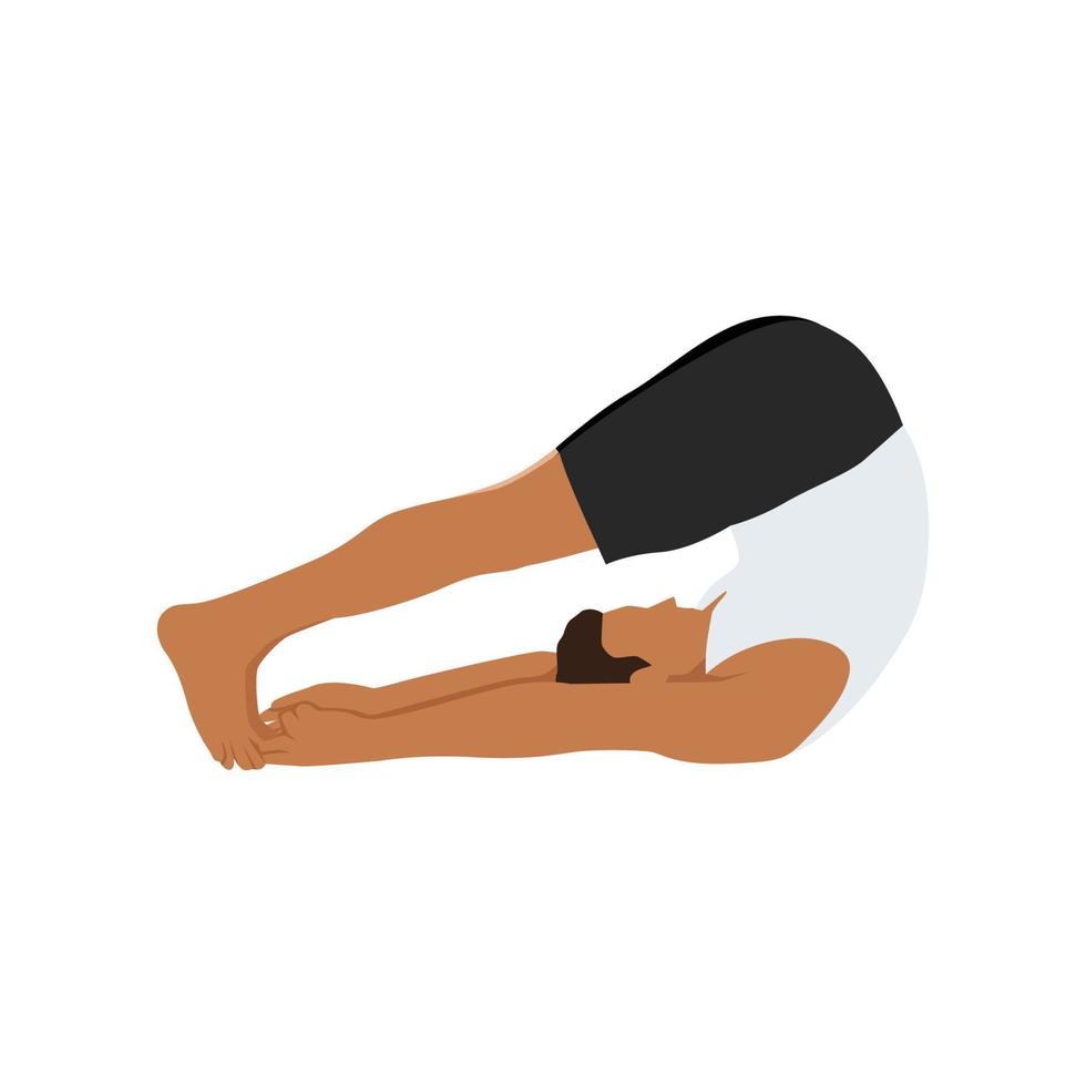 Man doing plow pose halasana exercise. Flat vector illustration isolated on white background