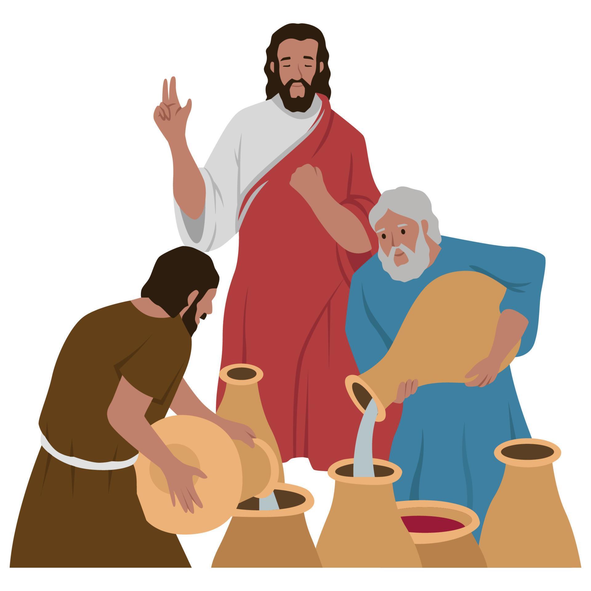 Jesus is doing the miracle of turning water into wine, cute cartoon characters, great for
