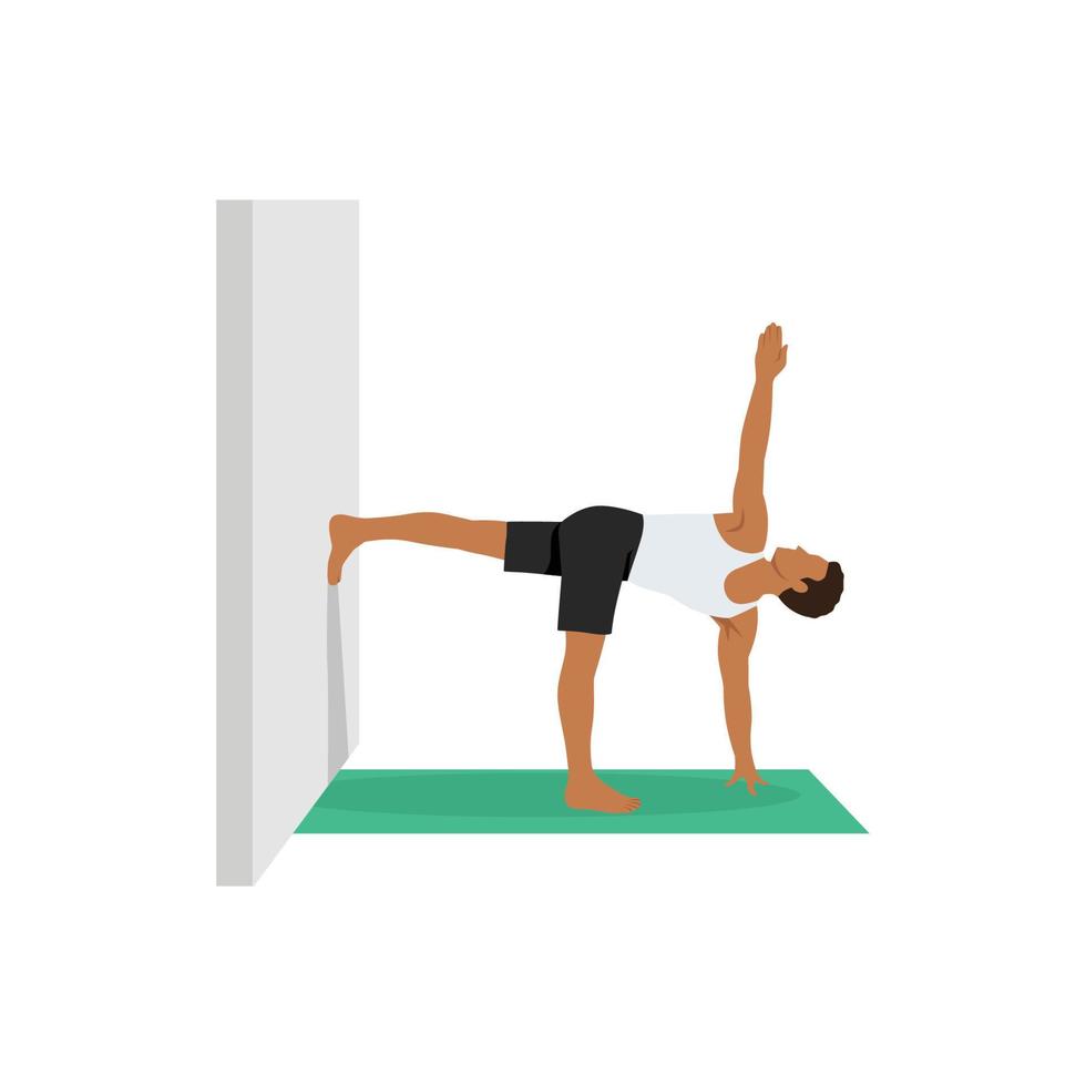 Man doing Parivrtta Ardha Chandrasana. Revolved Half Moon Pose. Flat vector illustration isolated on white background
