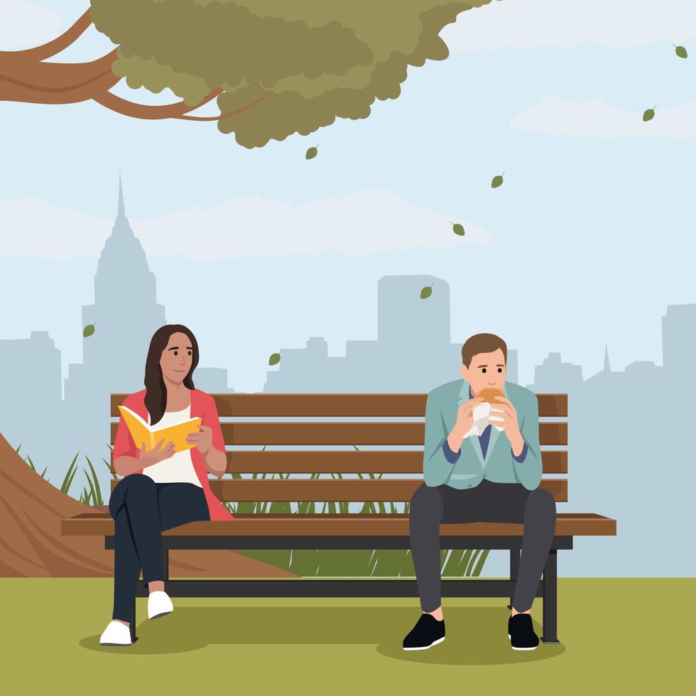 mujer leyendo un libro sentado en un banco en el parque. ella echó un vistazo a un hombre guapo comiendo sándwich sentado junto a ella en un banco. ilustración vectorial plana aislada sobre fondo blanco vector