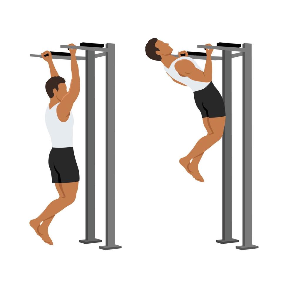 Man doing chin-ups workout. Pull up with supinated lat pulldown reverse grip. Healthy and active lifestyle. Flat vector illustration isolated on white background