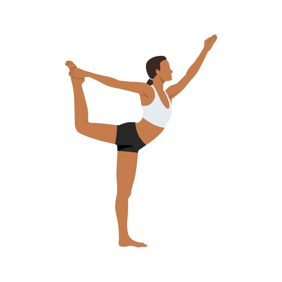 Woman doing Dancer Pose, King Dancer Pose, Lord of the Dance Pose, Dancer Pose. Practice Utthita Ardha Dhanurasana. Flat vector illustration isolated on white background