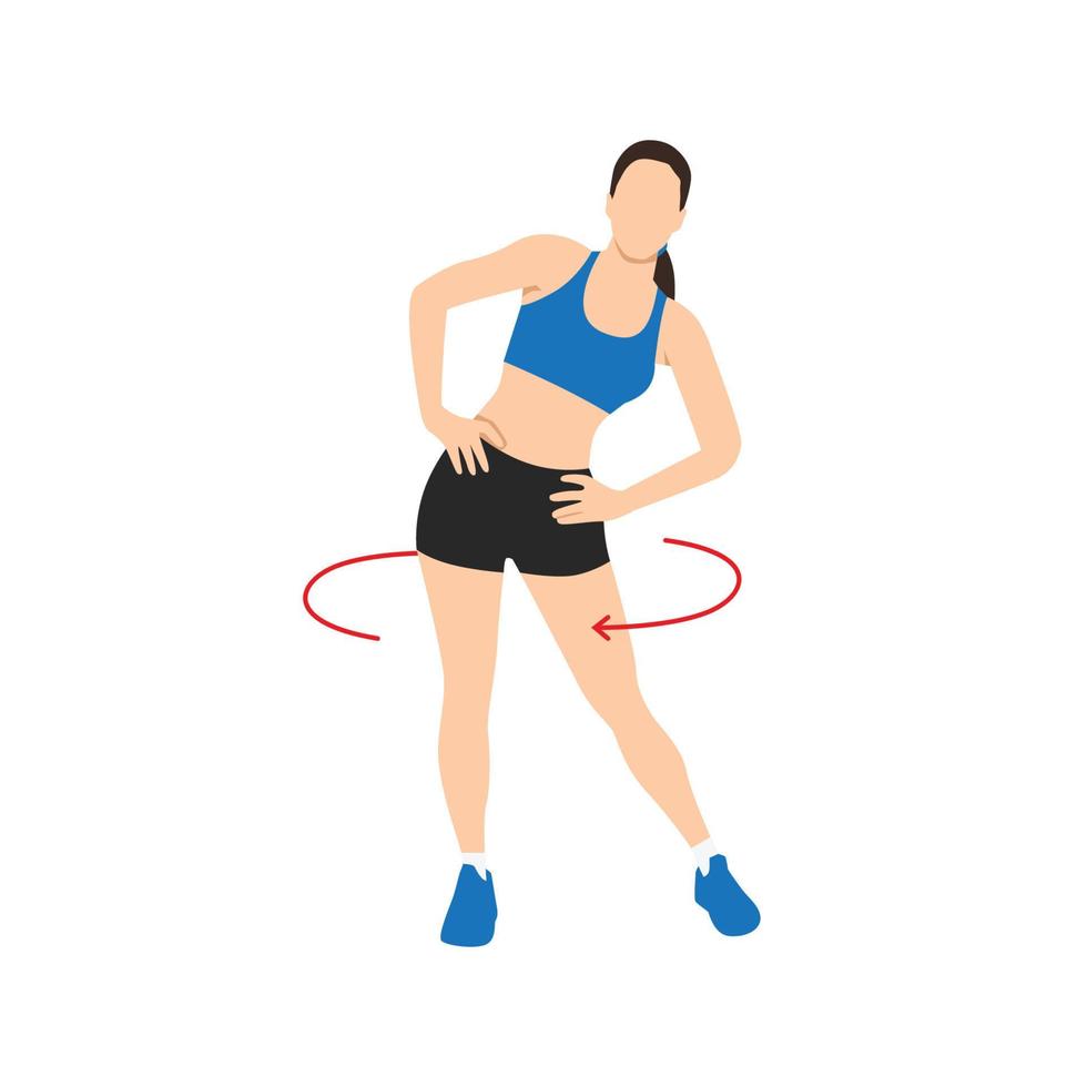 Woman doing Hip circles exercise. Flat vector illustration isolated on white background