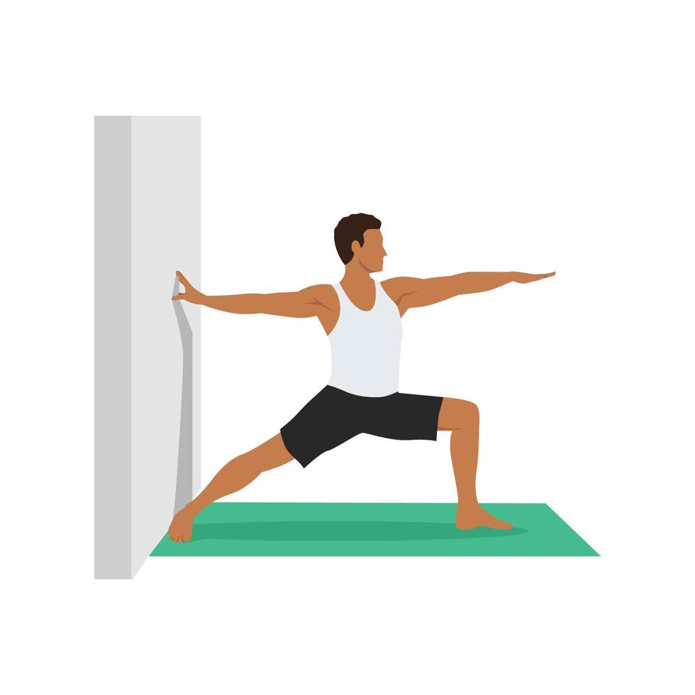 Yoga Man in Virabhadrasana 2 or Warrior II pose. Male cartoon character practicing Hatha yoga. Man demonstrating exercise during gymnastics training. Flat vector illustration.