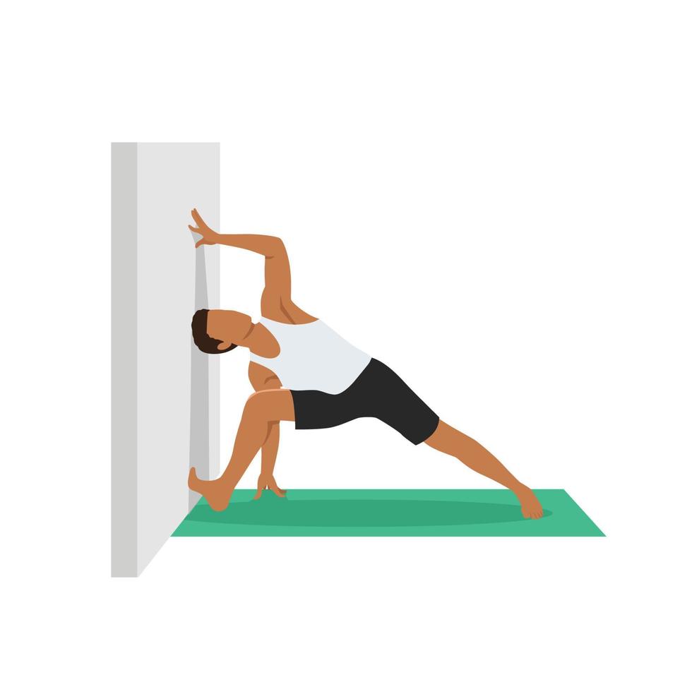 Man doing Revolved side angle pose parivrtta parsvakonasana to the wall exercise. Flat vector illustration isolated on white background