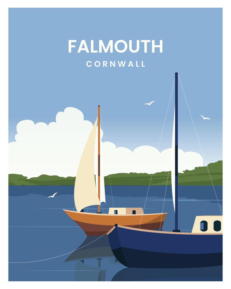 paisaje de barco en el puerto de falmouth. viaje a falmouth, cornualles. cartel de viaje con diseño vectorial de estilo plano. vector