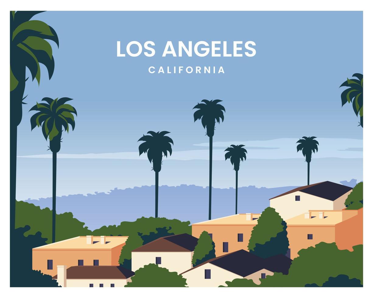 puesta de sol de los ángeles con fondo de paisaje de palmeras. viajar a california, estados unidos. ilustración vectorial con estilo plano adecuado para póster, postal, tarjeta, arte, impresión. vector