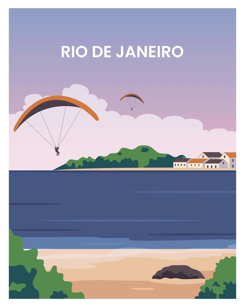 cartel de viaje con puesta de sol en río de janeiro. viaje a brasil. ilustración vectorial con estilo plano. vector