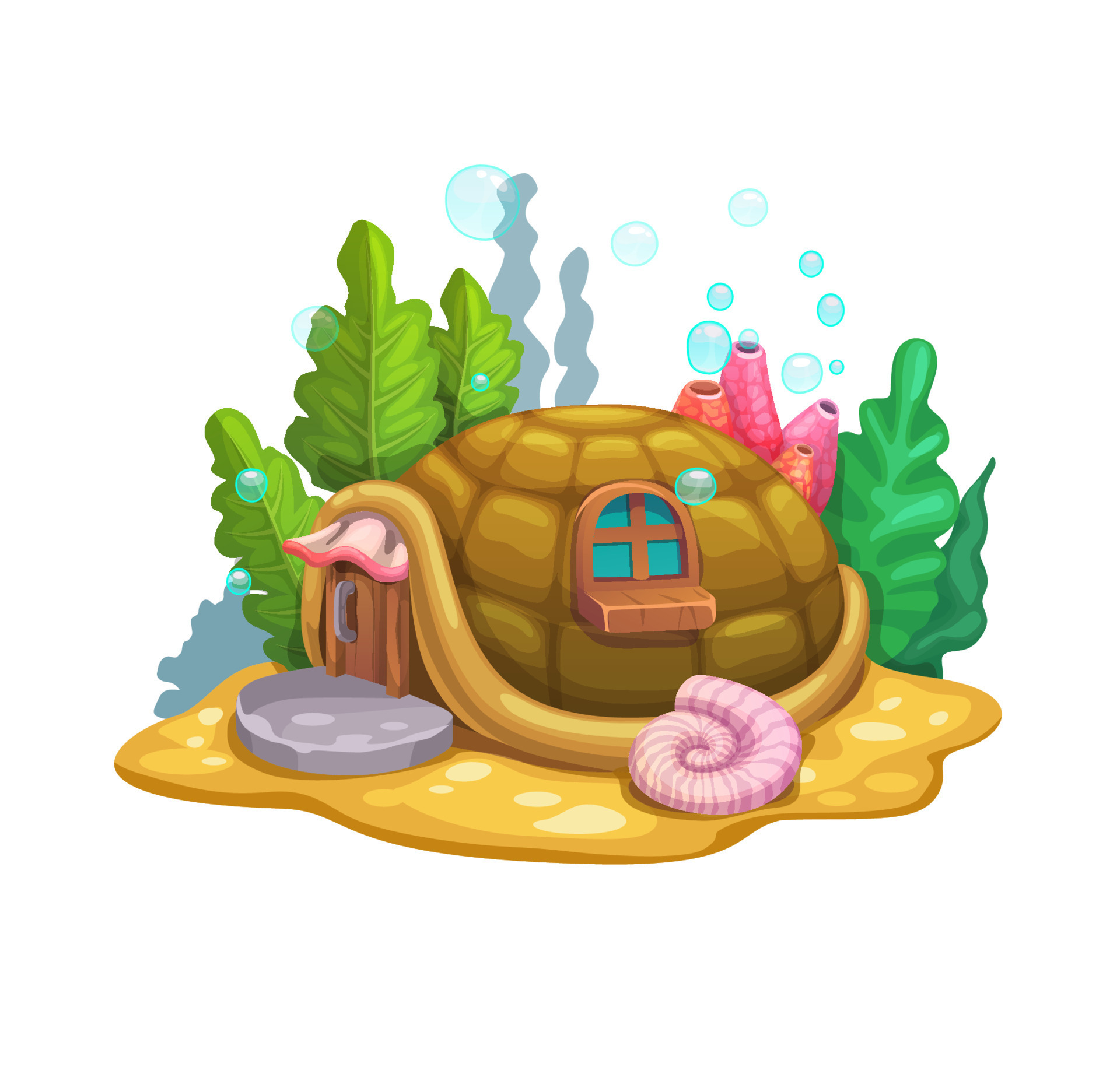Cartoon underwater turtle shell fairy house. Fantasy creature home on  seabed, aquarium funny dwelling or hut. Fairytale shack on ocean bottom,  underwater world vector landscape or scene with seaweed 16138195 Vector Art