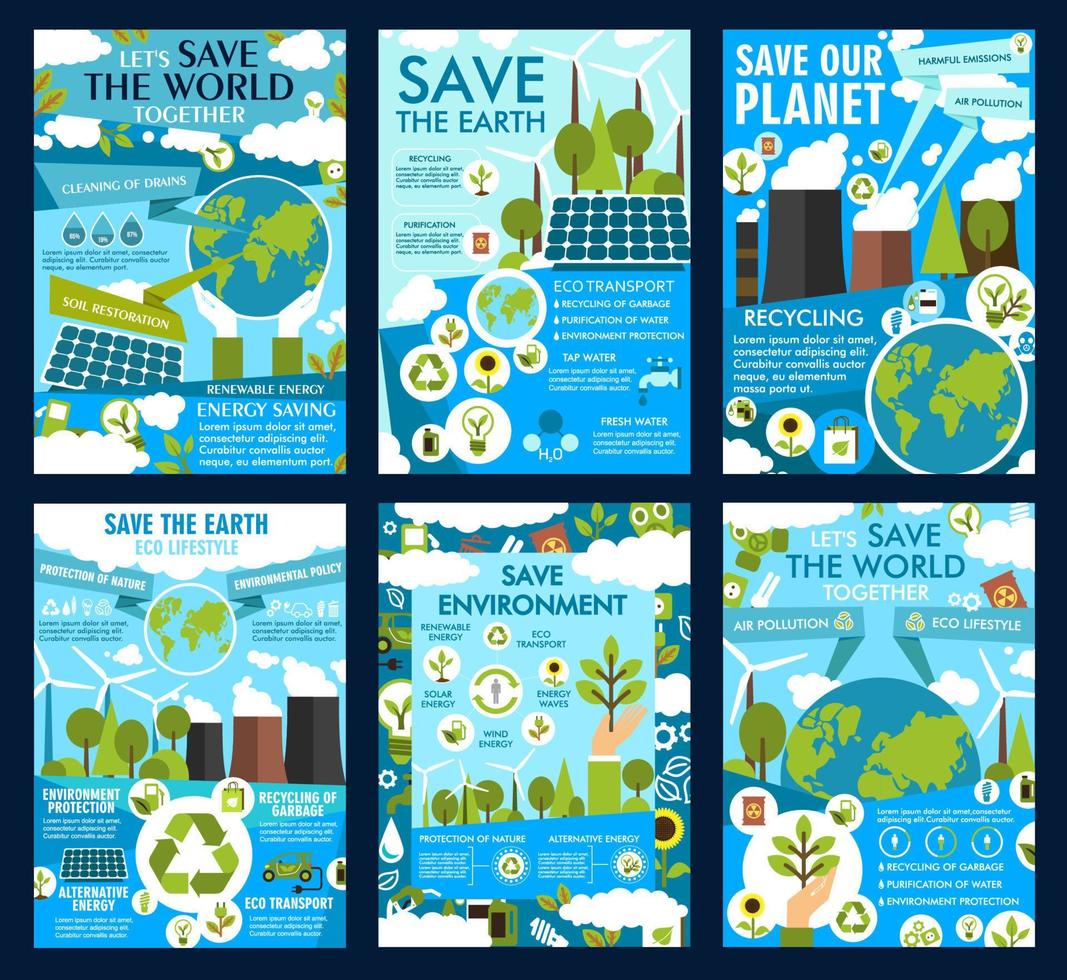 Save Earth and green eco planet vector posters