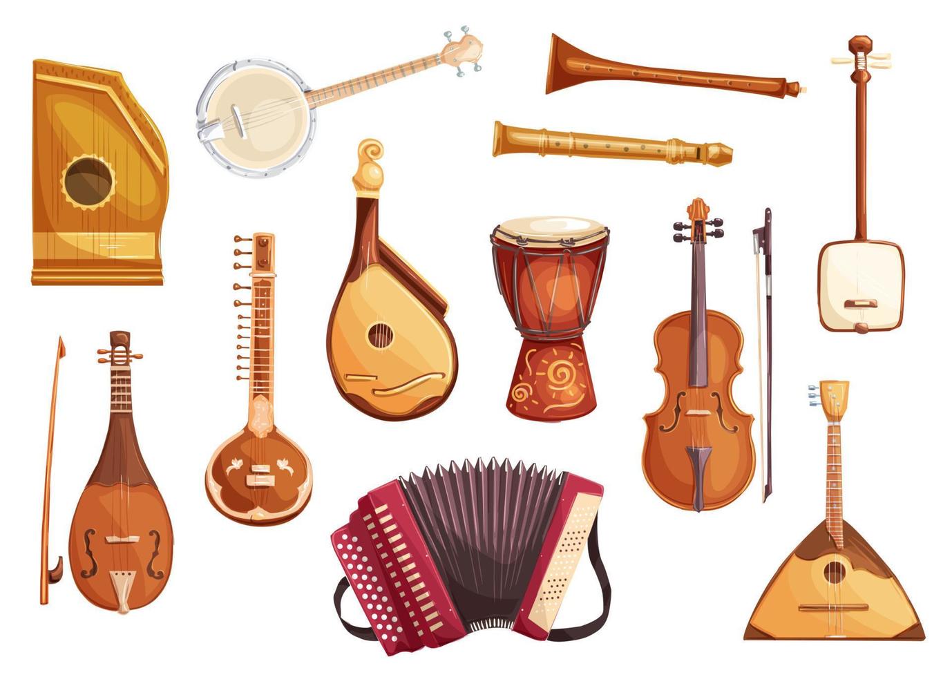 Musical folk instruments watercolor icons vector