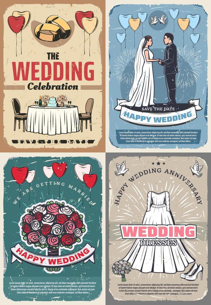 Wedding and marriage celebration vintage posters vector