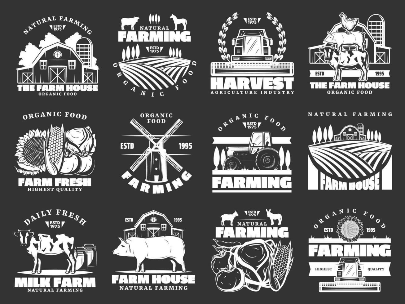 Farming, cattle farm and agriculture vector icons