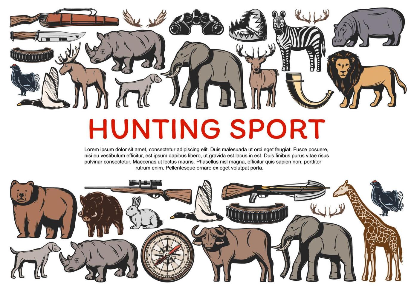 Animals and birds, weapons for hunting sport icons vector