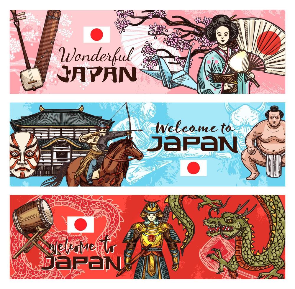 banners de viajes japoneses símbolos nacionales de japón vector