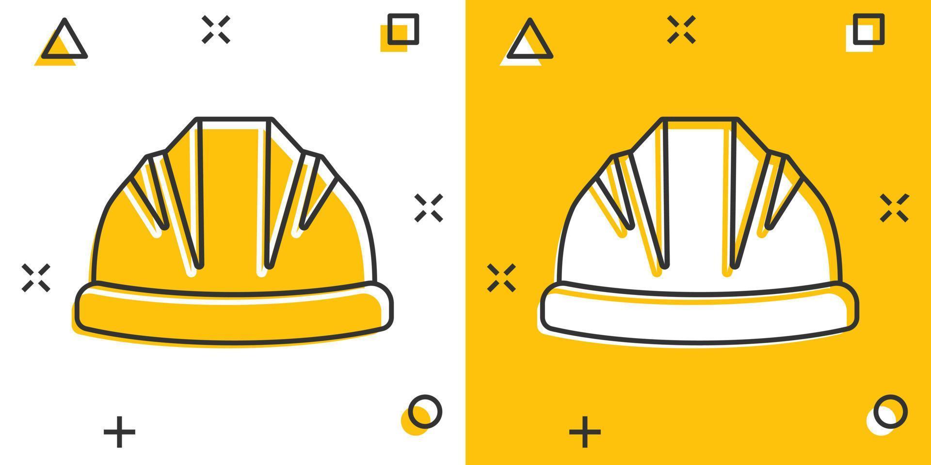 Construction helmet icon in comic style. Safety cap cartoon vector illustration on isolated background. Worker hat splash effect sign business concept.