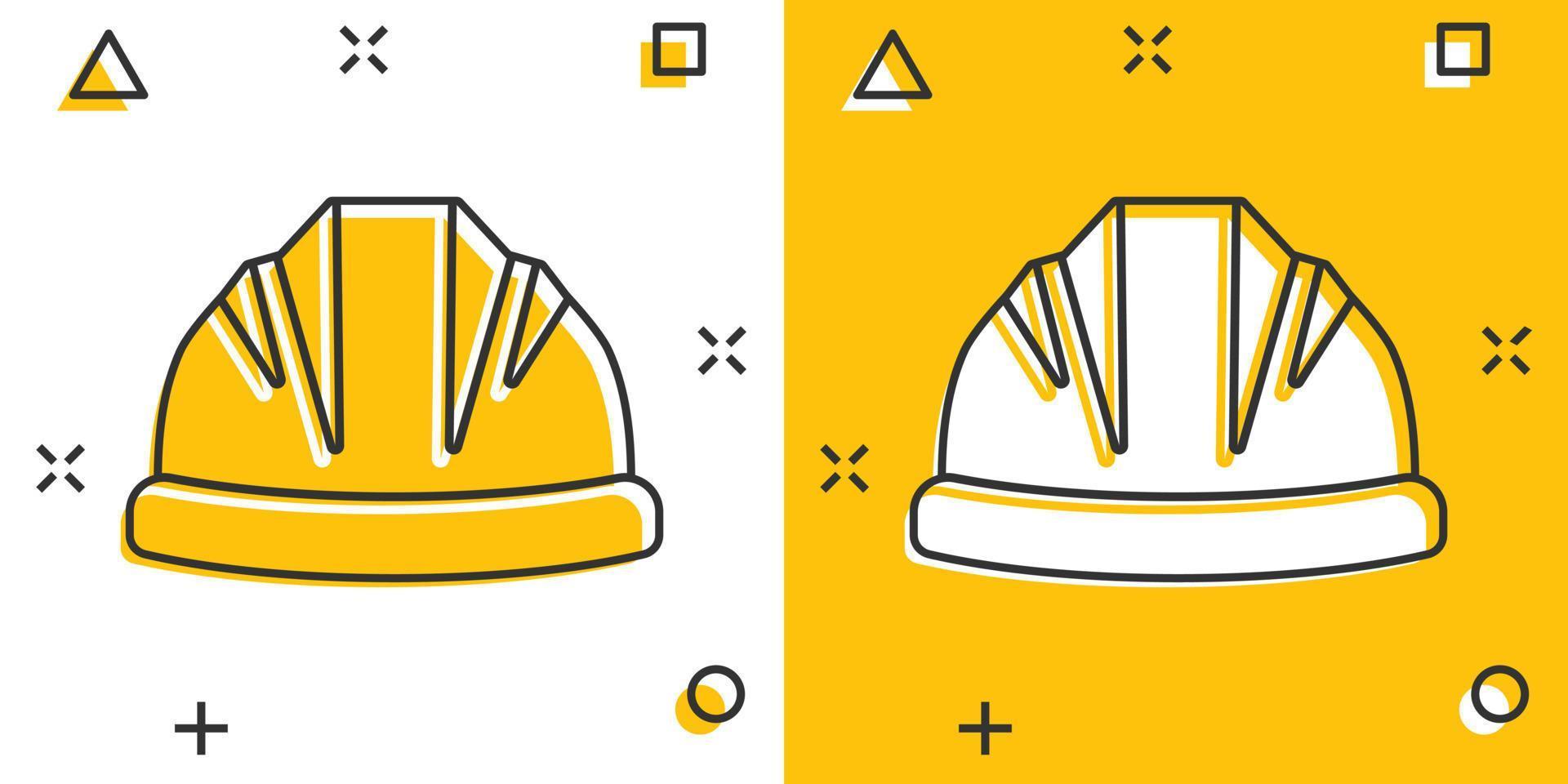 icono de casco de construcción en estilo cómico. tapa de seguridad ilustración vectorial de dibujos animados sobre fondo aislado. concepto de negocio de signo de efecto de salpicadura de sombrero de trabajador. vector