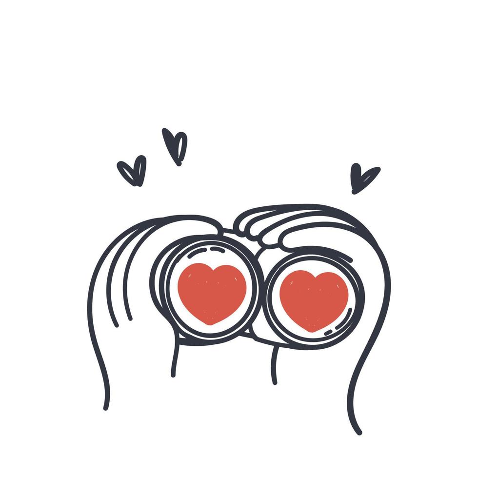 las manos dibujadas a mano sostienen binoculares y miran a través de ellos con el vector de ilustración de amor