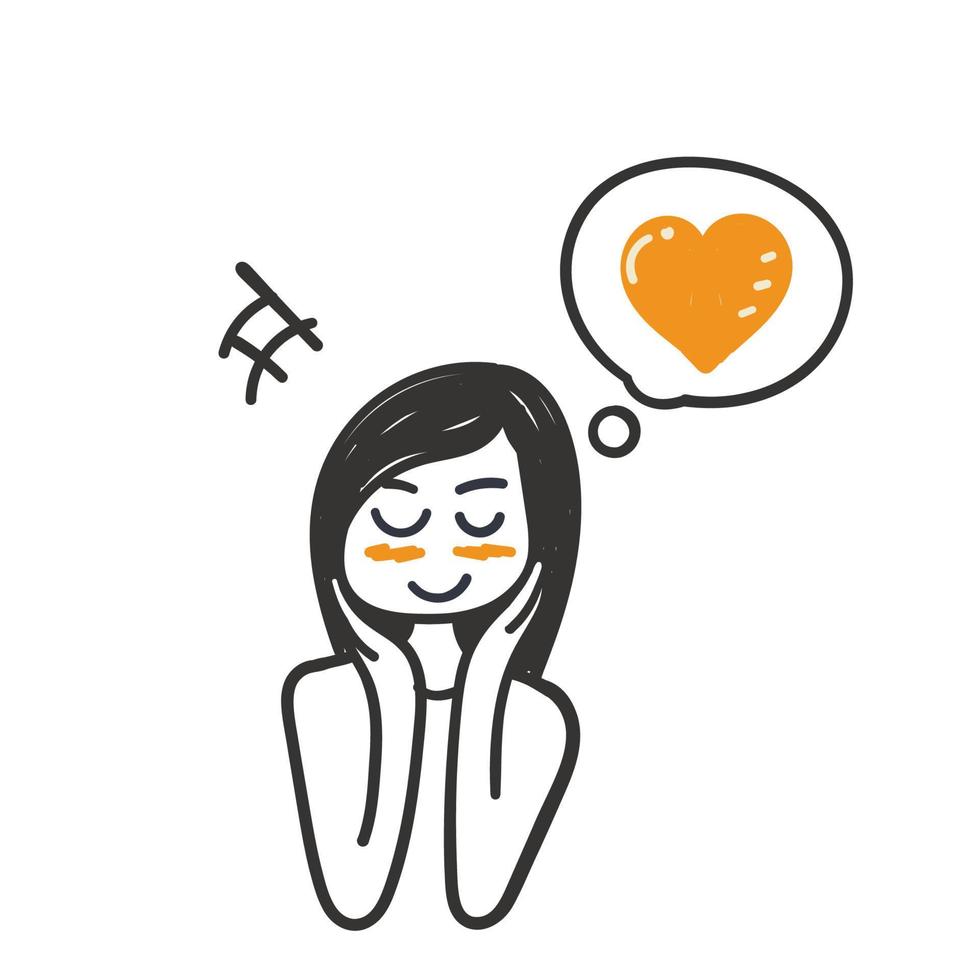 hand drawn doodle a happy and blushing woman thinking about love illustration vector