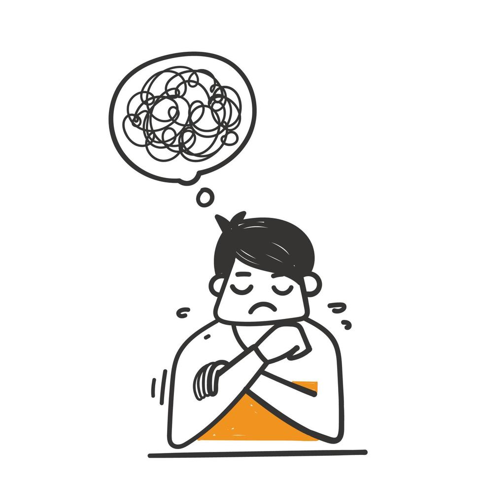 hand drawn doodle Young man with tangled thoughts illustration vector