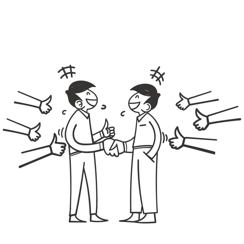 el personaje del garabato dibujado a mano felicita a un colega por un proyecto exitoso o una ilustración de trato vector