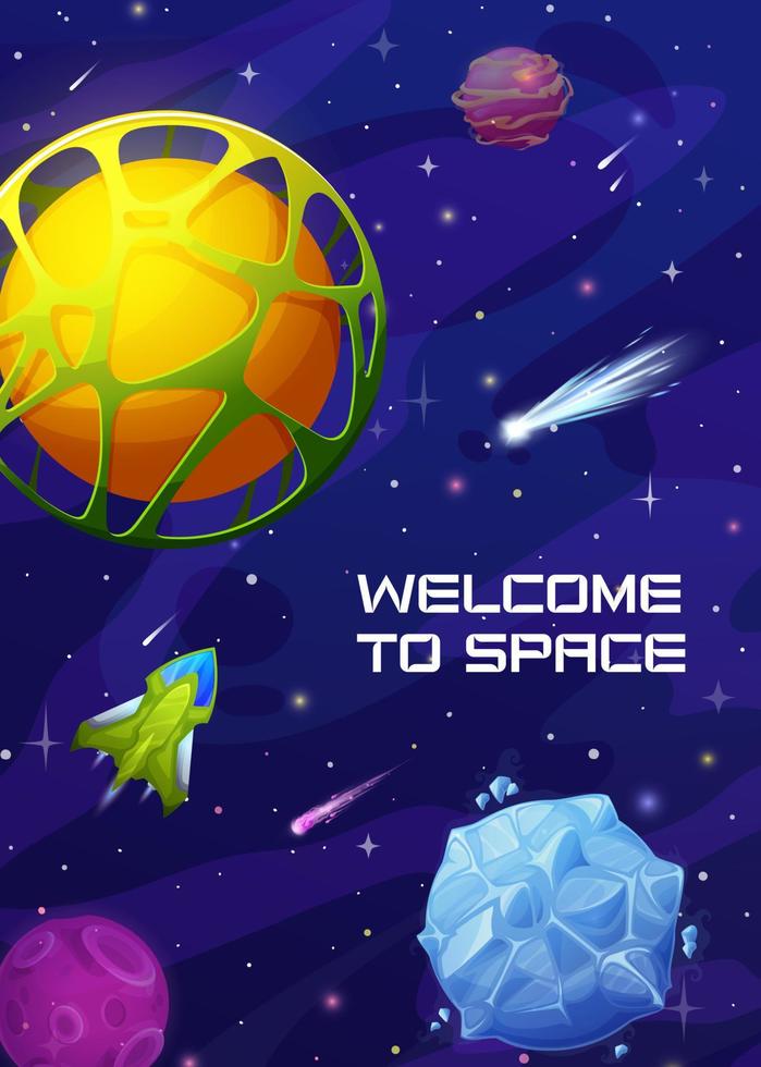 Cartoon space planets landscape vertical banner vector