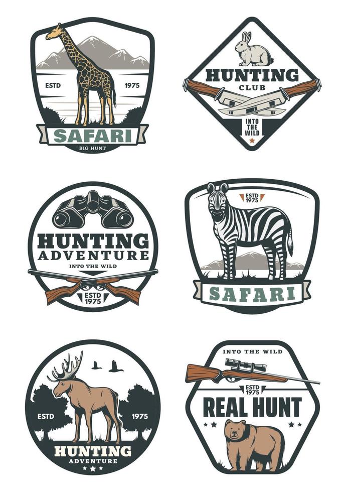 Hunting sport retro badges, safari and hunter club vector