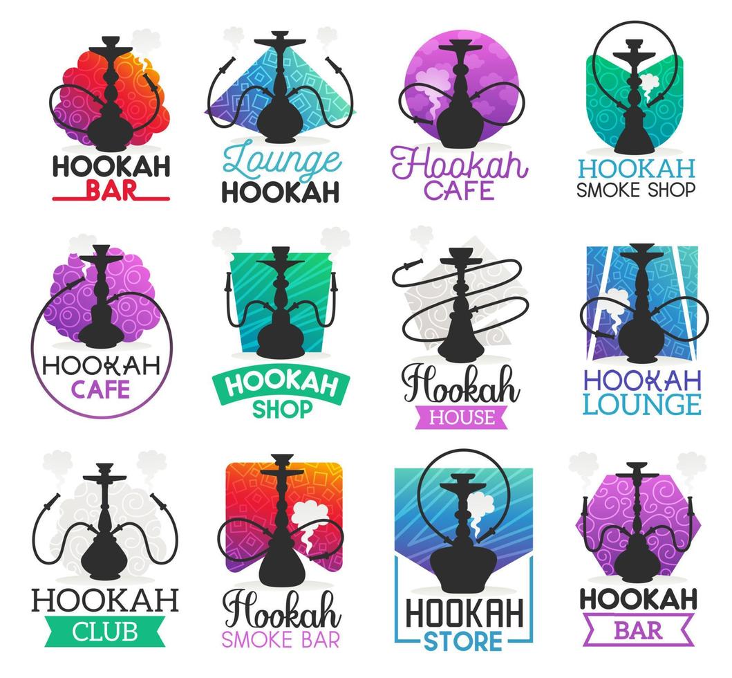 Hookah lounge bar or smoke shop icons, vector