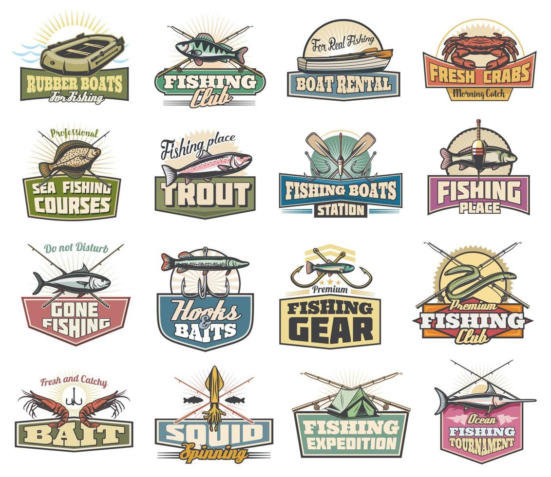 Fishery icons, fishing sport items and fish vector