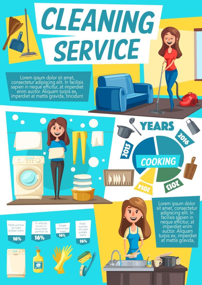 Cleaning service, woman and home chores vector