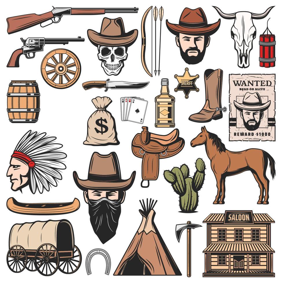 Wild West and western American icons vector