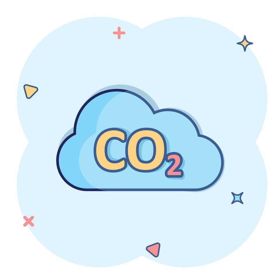 icono de emisión de co2 en estilo cómico. ilustración de vector de dibujos animados de desastre de nube sobre fondo blanco aislado. concepto de negocio de signo de efecto de salpicadura de medio ambiente.